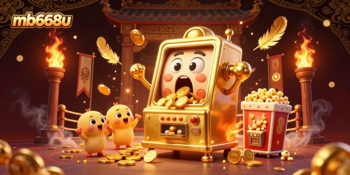 Experience the excitement of mb668u with a vibrant cartoon illustration of a jackpot-winning slot machine surrounded by cheering smaller machines and golden coins.