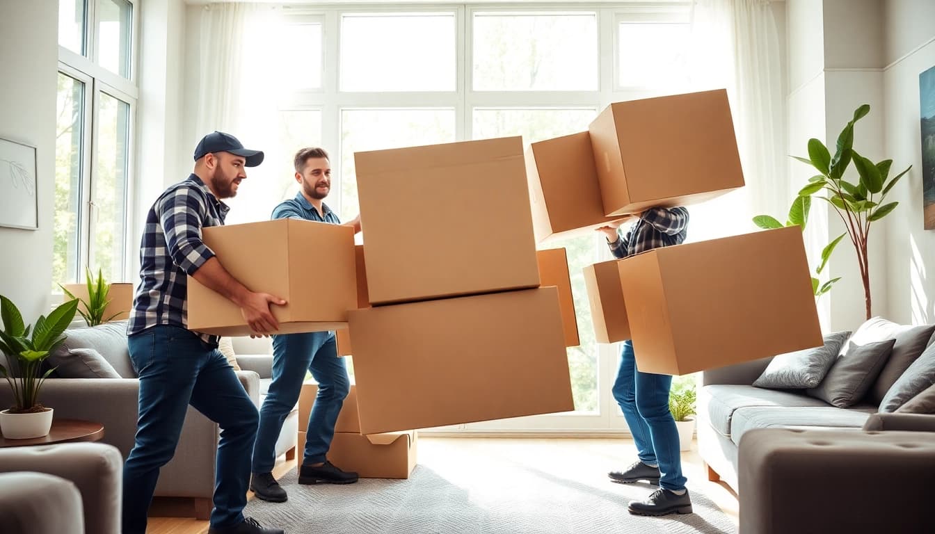 2 jacked guyz efficiently moving heavy boxes in a bright room, showcasing professional teamwork.