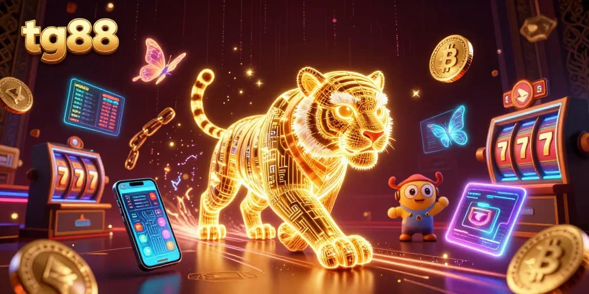 Experience immersive gaming with tg88 as a 3D golden tiger navigates a vibrant digital casino.