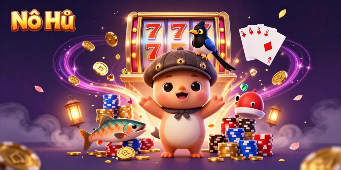 Nổ Hũ slot machine action with playful Nessie and gem-filled scene