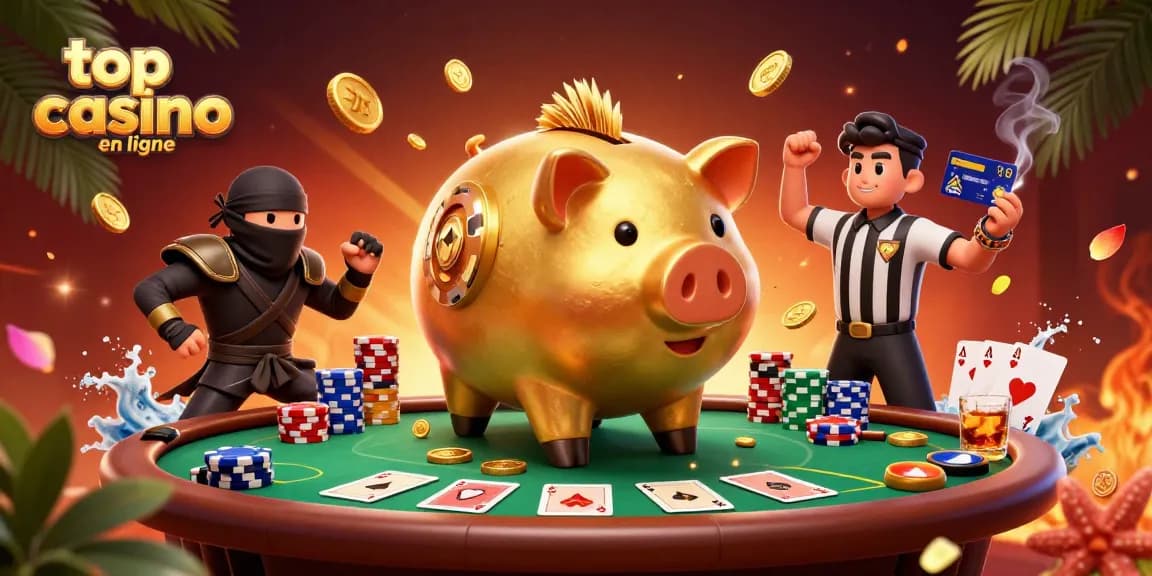 Illustration animée montrant le meilleur casino en ligne avec un sumo d'épargne doré, un ninja et un samouraï, tous autour d'une table de poker.