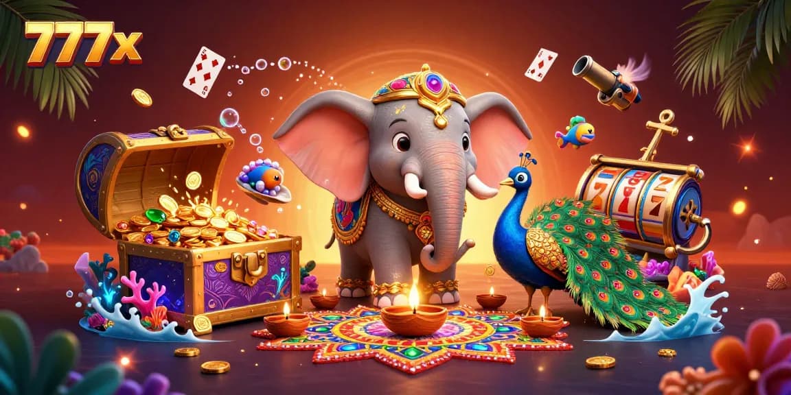 Experience the thrill of winning at 777x with vibrant casino elements and festive characters.