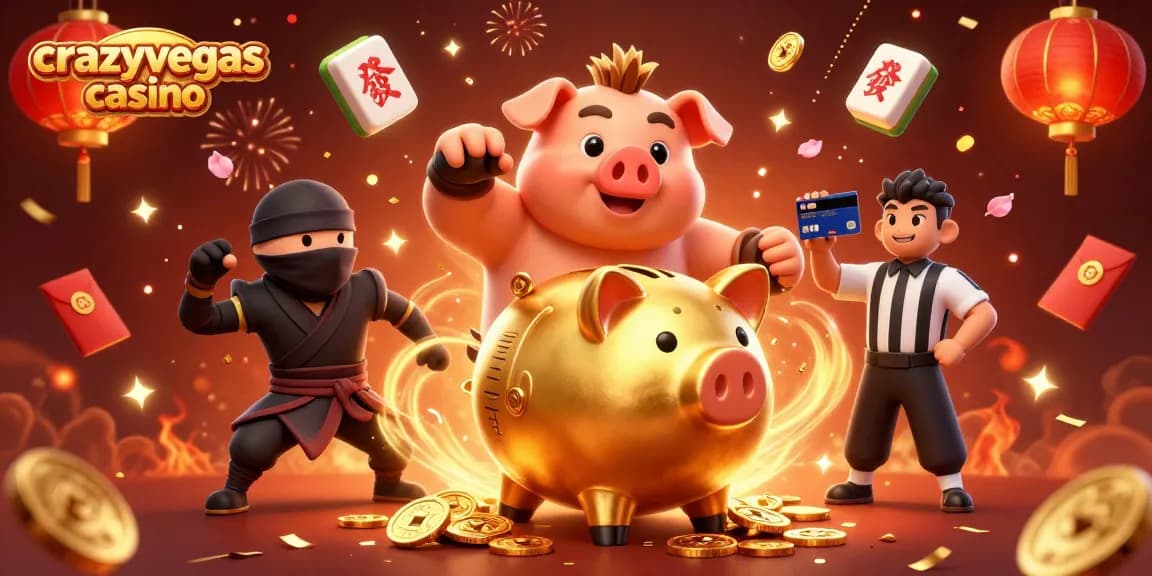 Experience the thrills of crazyvegas casino with this dynamic scene featuring a golden piggy bank sumo wrestler!