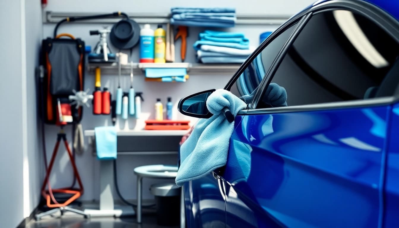 Engage with this car detailing routine step by step, showcasing an organized workspace and technician at work.