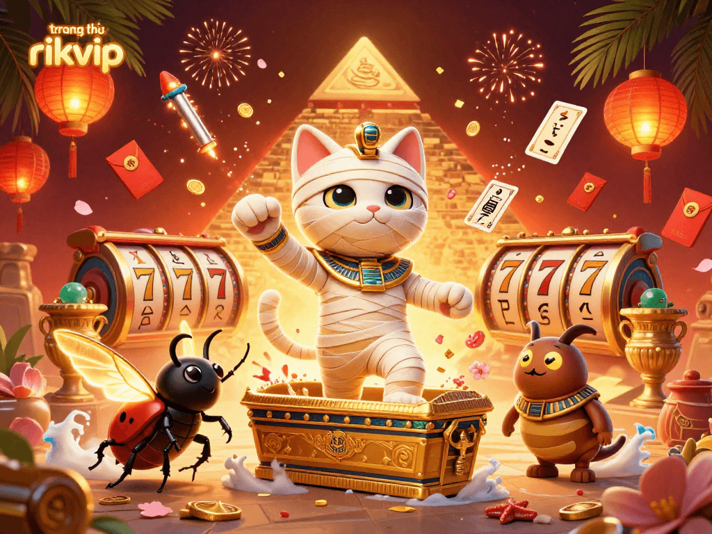 Experience the thrill of playing at trang chủ rikvip with a vibrant 3D cartoon scene showcasing Egyptian elements and casino excitement.