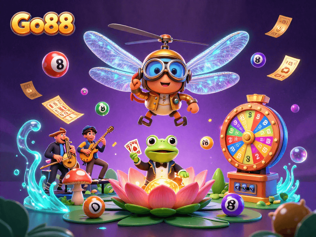 Play dynamic lottery games with Go88 in an exciting casino scene filled with fun characters.