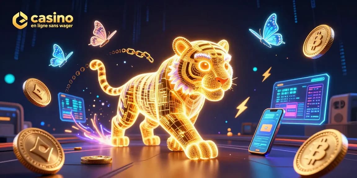 Visualisez un tigre lumineux dans un casino numérique, illustrant le concept de casino en ligne sans wager.