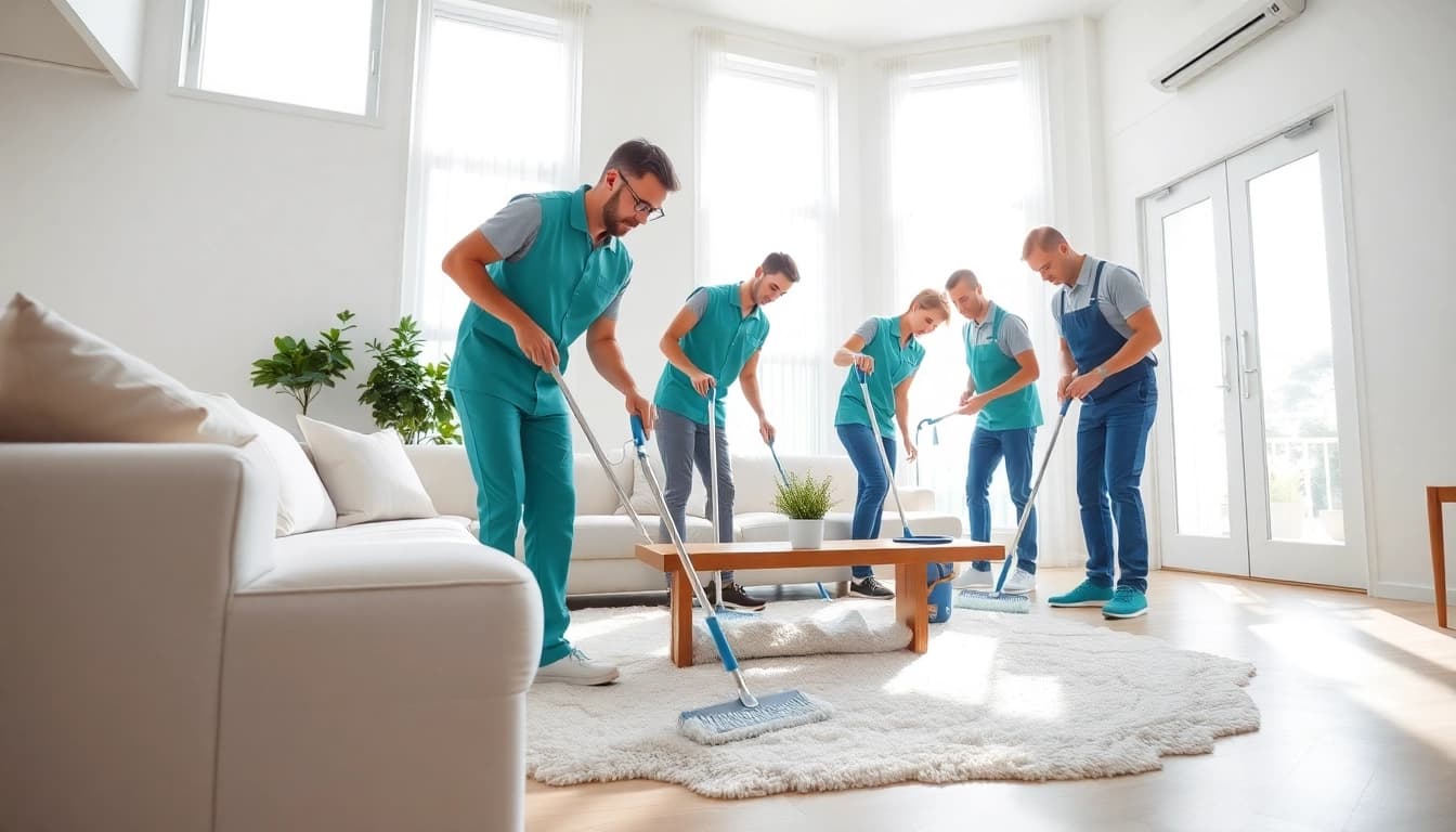 Bond cleaning professionals diligently working in a bright living room to ensure cleanliness.