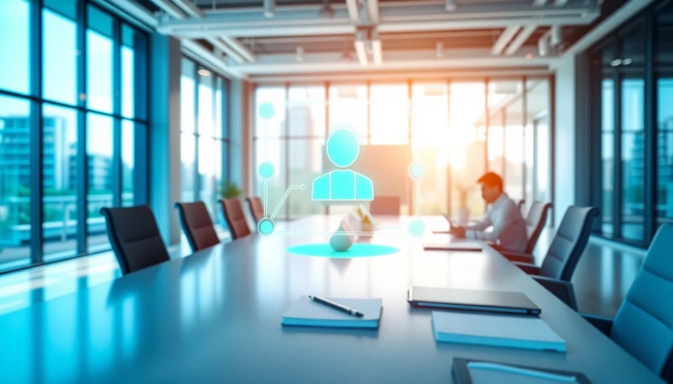 AI that handles meeting follow ups through a futuristic hologram in a modern conference room.