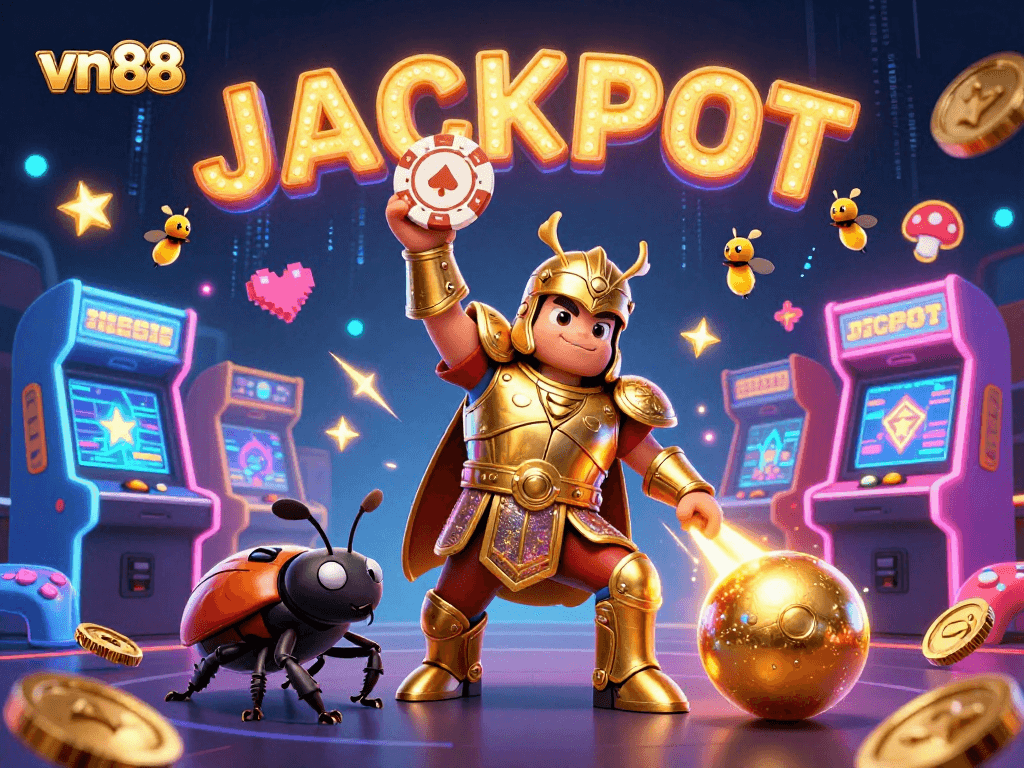 Engage with vn88 and win big! 3D beetles celebrate a jackpot amidst vibrant casino elements.