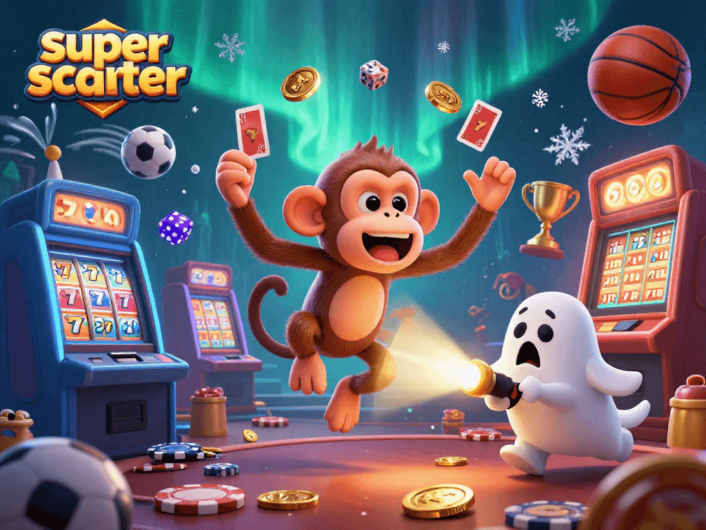 Experience the thrill of super scatter wins with an animated poltergeist monkey and ghost-hunter puppy in a lively casino.