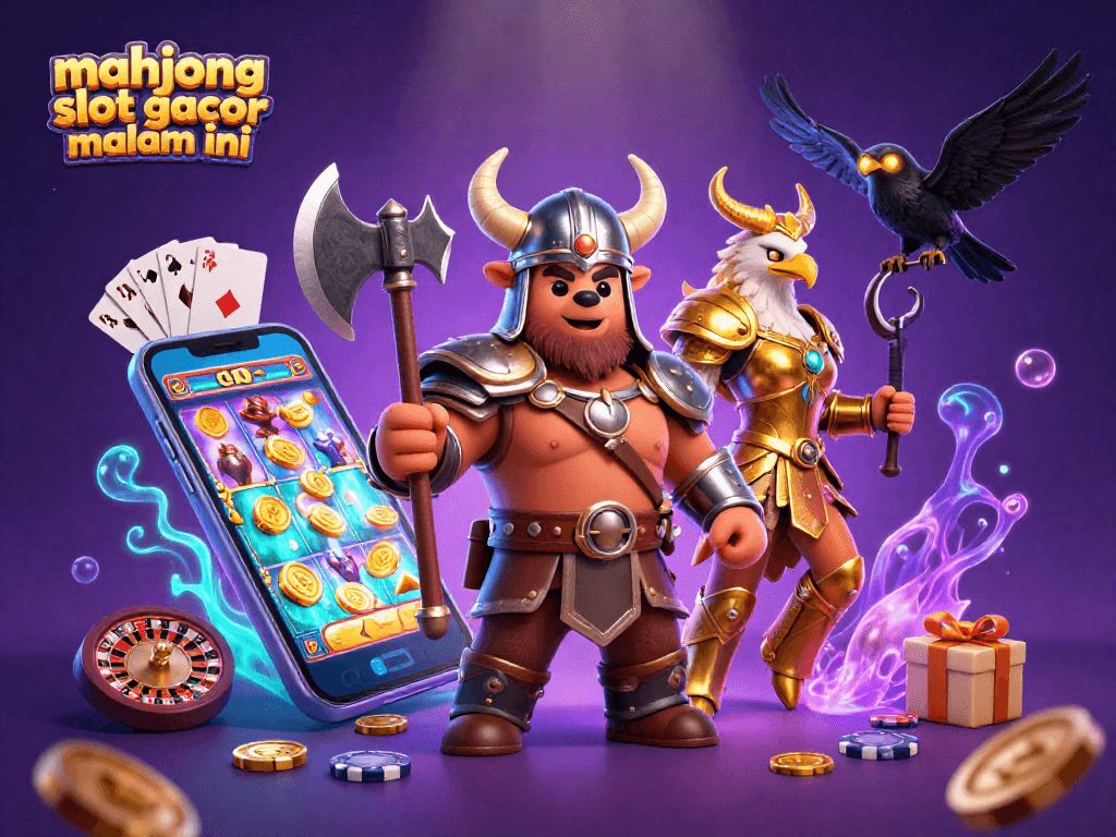 Playing mahjong slot gacor malam ini with a captivating 3D casino scene featuring a Viking bear and elements of gaming.