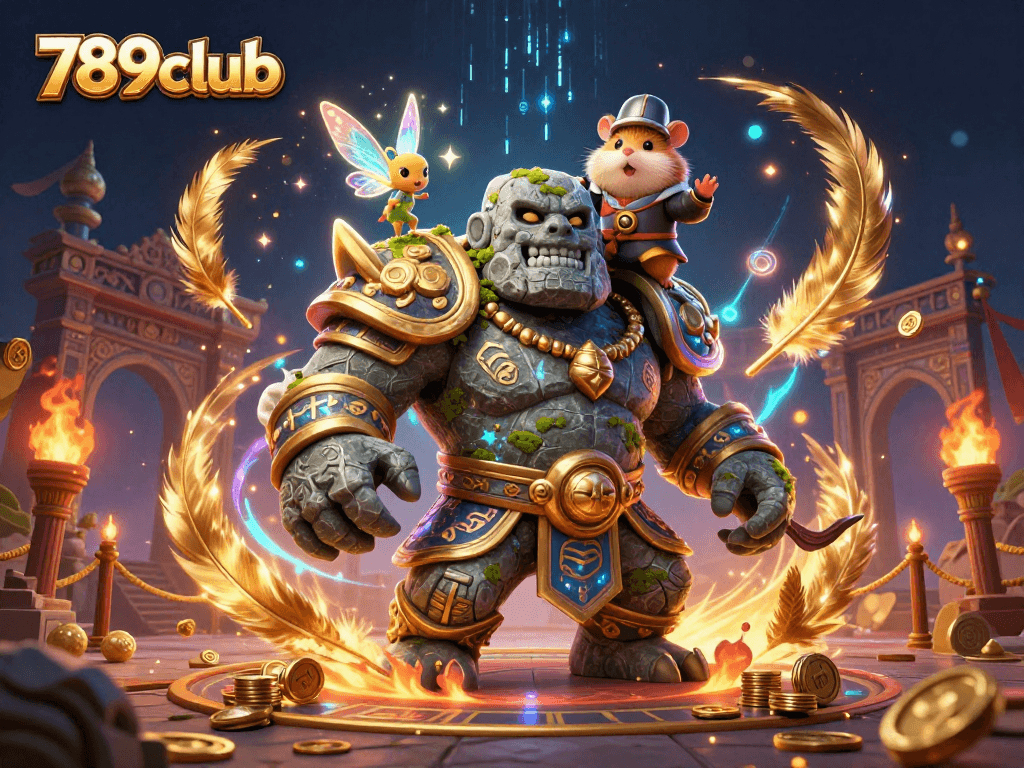 Join the fun at 789club with a captivating scene featuring a magical golem, fairy, and hamster knight.