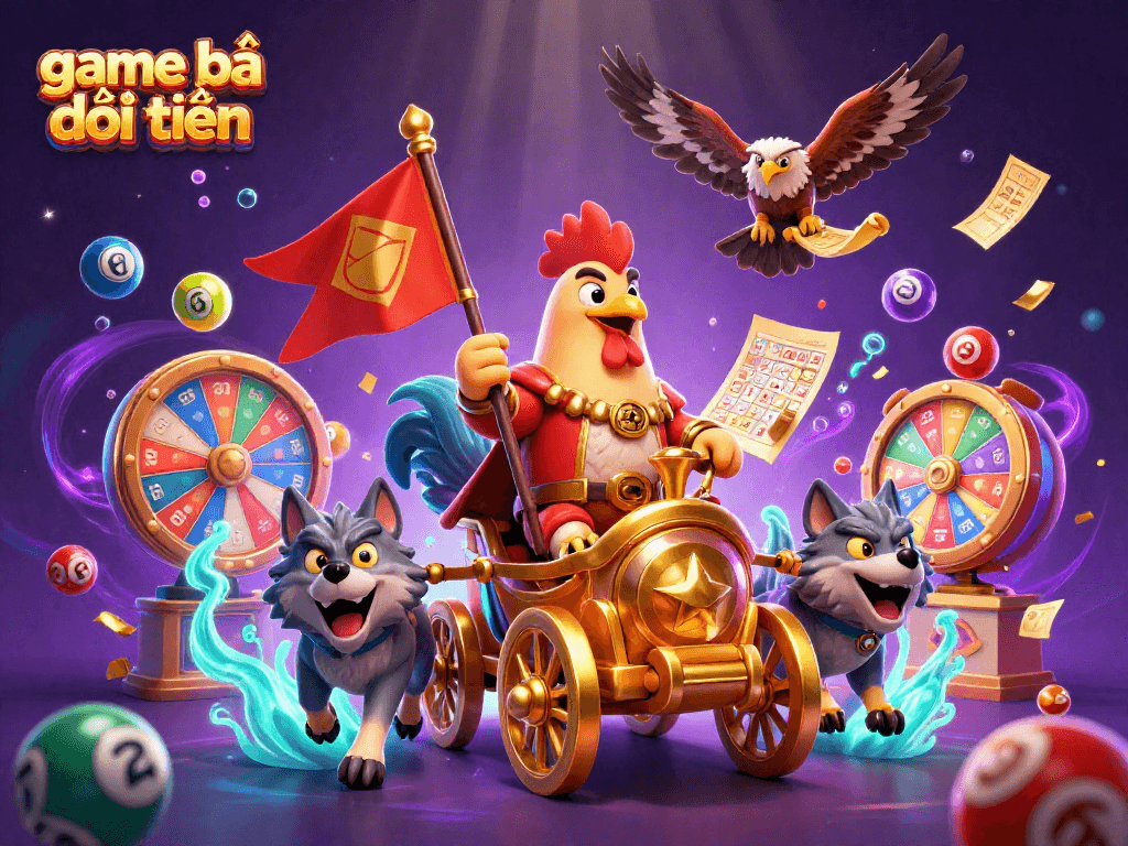 Playing the game bài đổi thưởng, a rooster warlord leads a dynamic casino scene filled with colorful elements.
