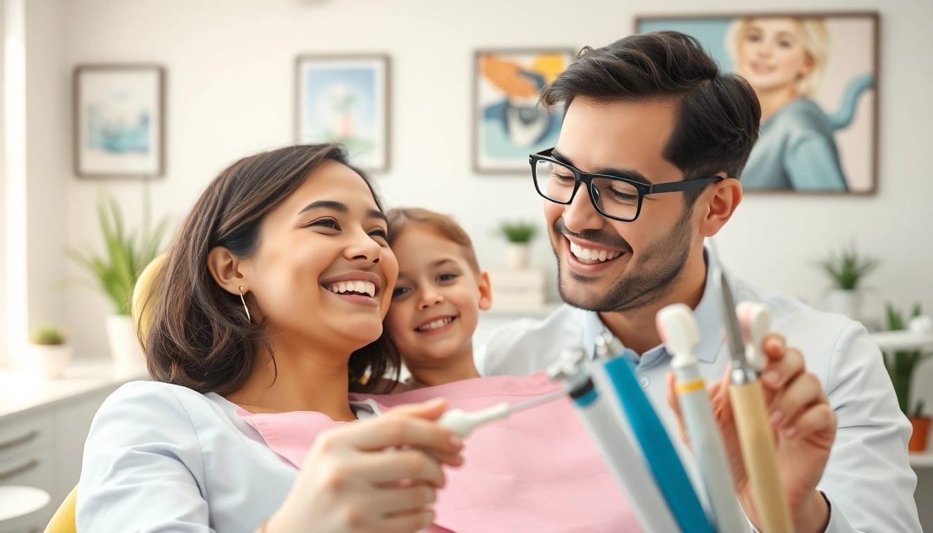 Engaging scene of Family Dentistry in a bright clinic, showcasing a dentist comforting a patient.