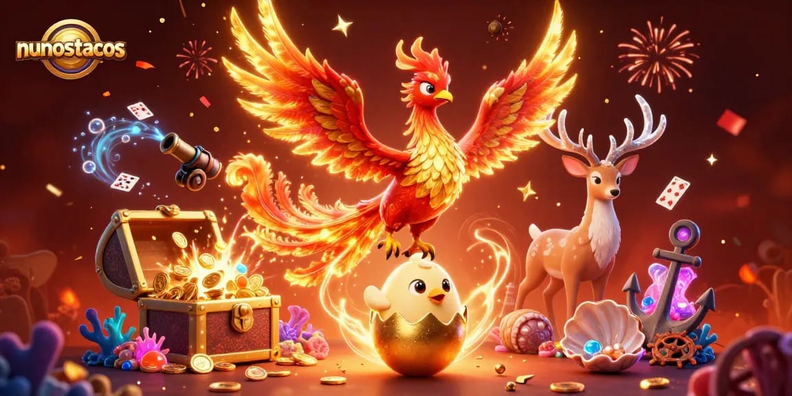 Experience wins at nunostacos with vibrant fire phoenix, golden treasure, and mystical stag.
