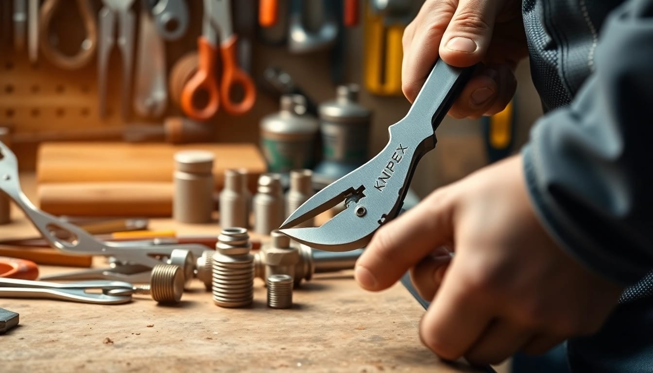 Artisan using pinze knipex Cobra to adjust metal fittings in a workshop.