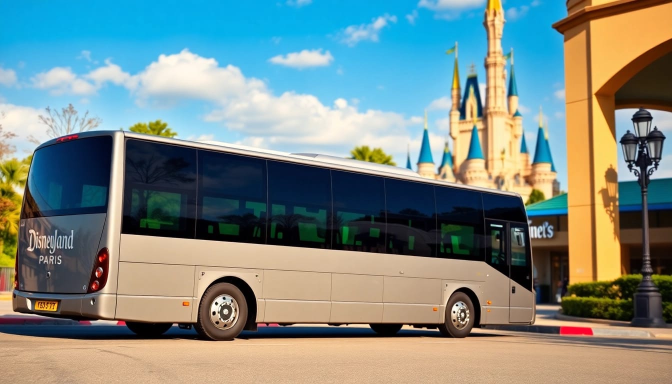 Travelers using shuttle service from disneyland paris to airport in a vibrant scene.