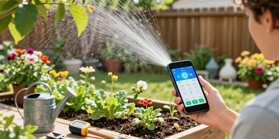 Optimizing water usage with a wifi sprinkler controller in a lush garden.