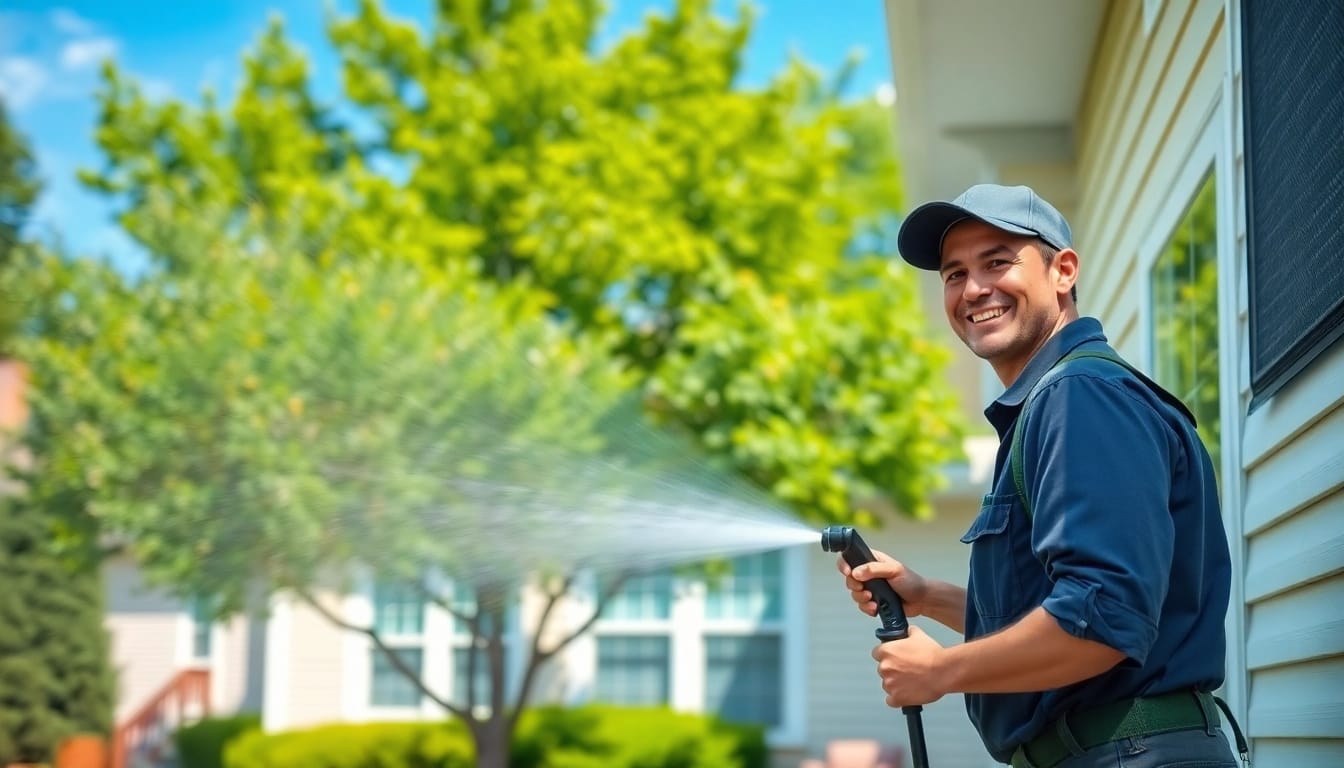 House Washing professional cleaning exterior facade of a suburban home.