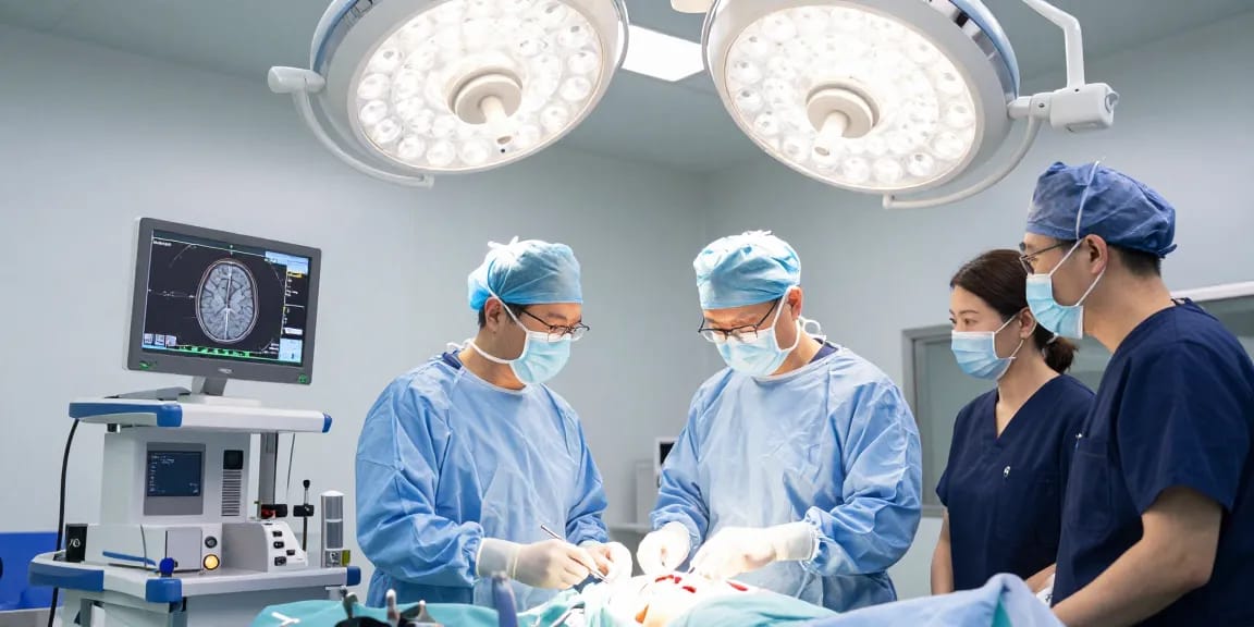 Brain surgery procedure in a sterile operating room, showcasing the importance of Beyin ameliyatı by a skilled surgical team.