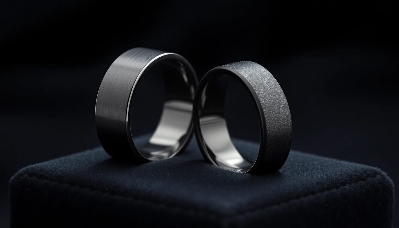 Showcasing stunning Black Zirconium Rings with polished and matte finishes on dark velvet.