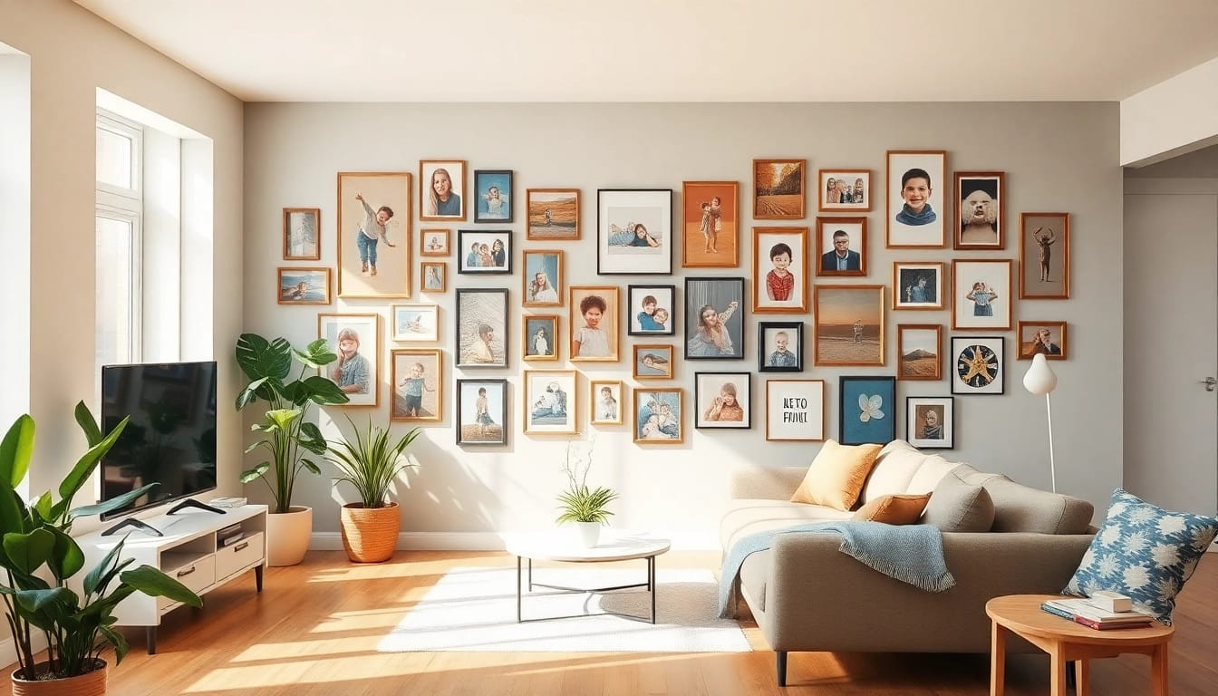 Showcase of a colorful photo wall filled with family memories in a stylish living room.