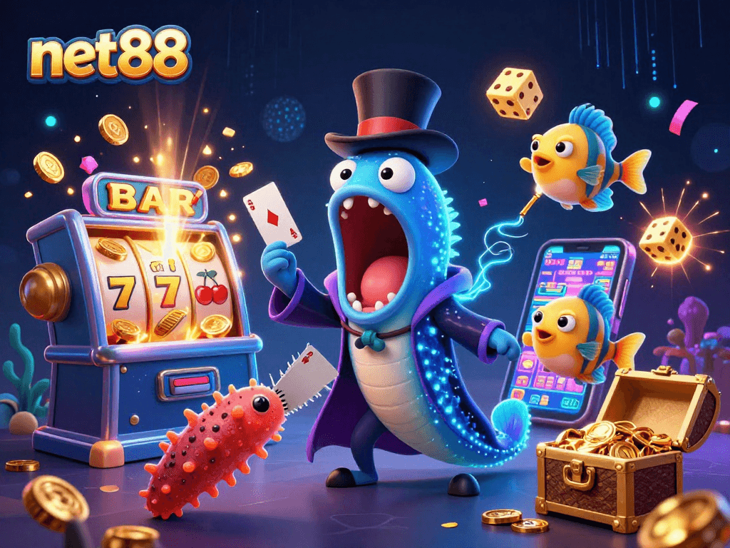 Experience net88's thrilling casino magic with lively characters and slot machines in a vibrant scene.