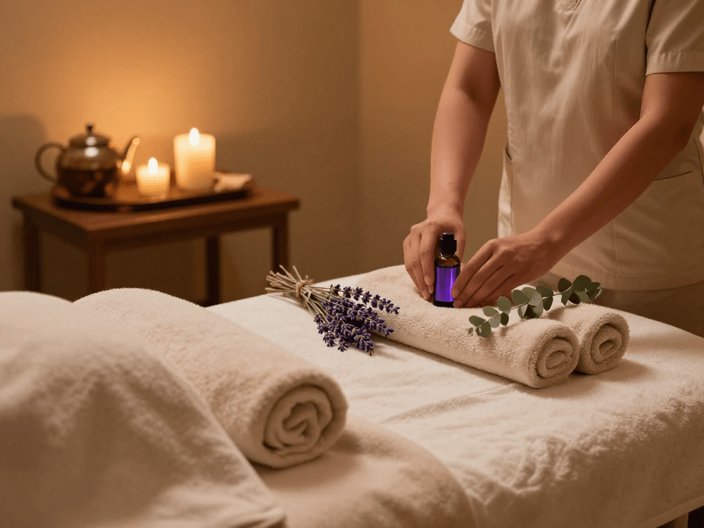 Relaxing spa room with therapist preparing aromatherapy oils for mantra 88 session