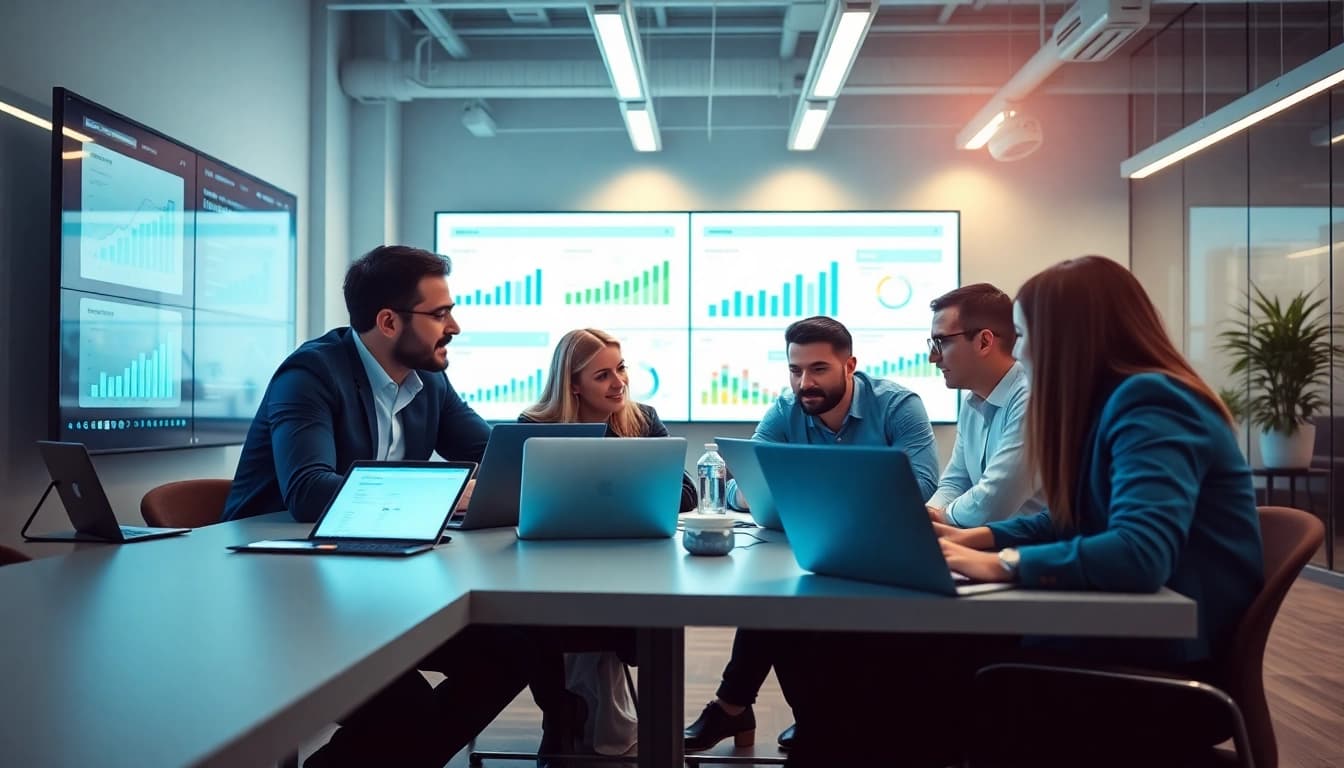 Engaging digital marketing team of Shopify experts collaborating in a modern workspace.
