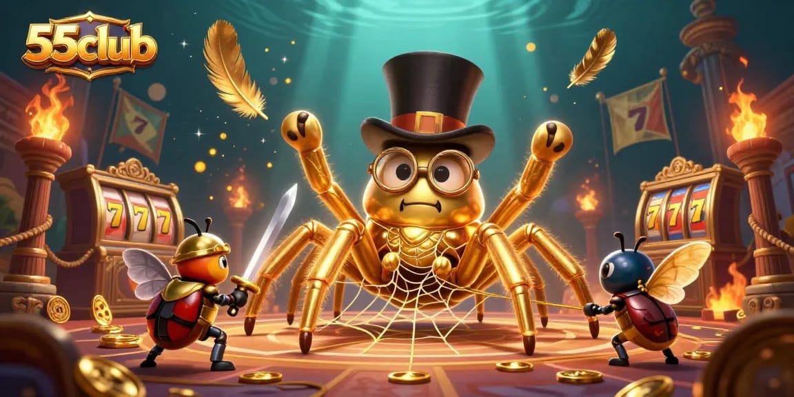 Join the adventure at 55club with a golden tarantula weaving casino web and knight battling for glory.