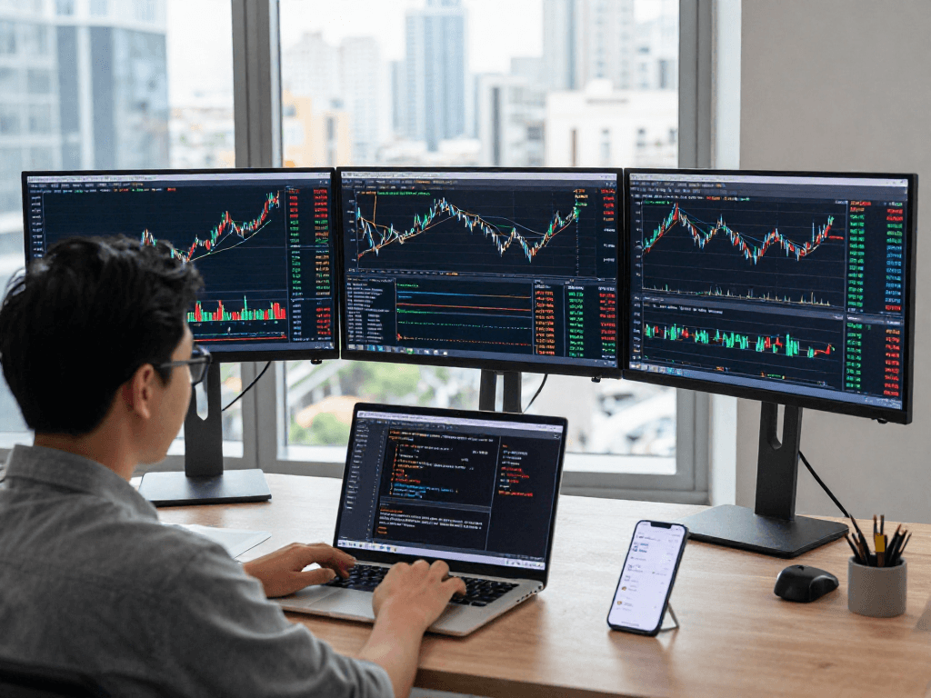 在使用MetaTrader 5进行市场分析的交易环境中,交易者专注于多监视器显示的金融趋势图表。