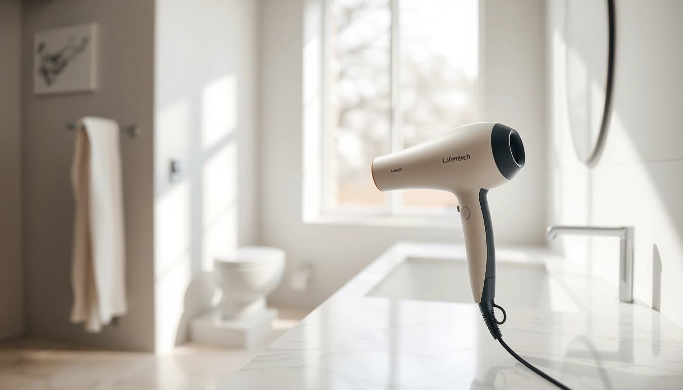 Laifentech hair dryer showcased in a modern bathroom environment, emphasizing elegance and innovation.
