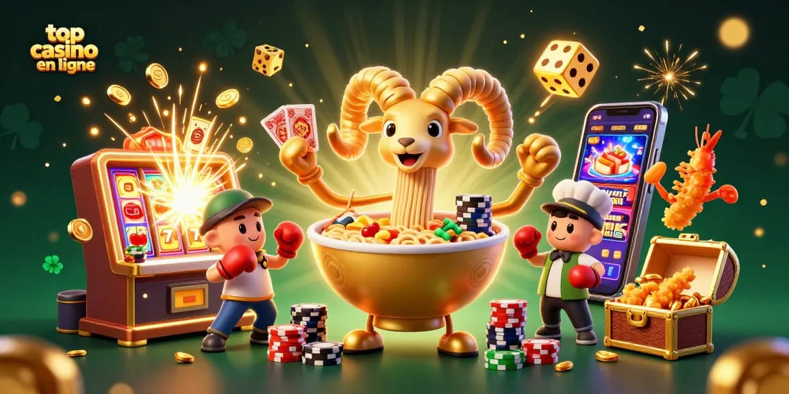 Jouez à des jeux palpitants dans le top casino en ligne avec des personnages de ramen et des effets de jackpot.