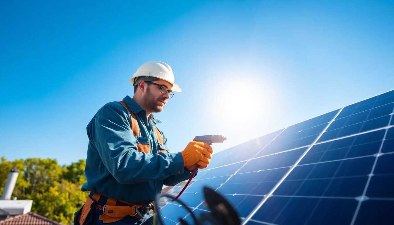 Technician conducting emergency solar panel repair on rooftop with solar installations.