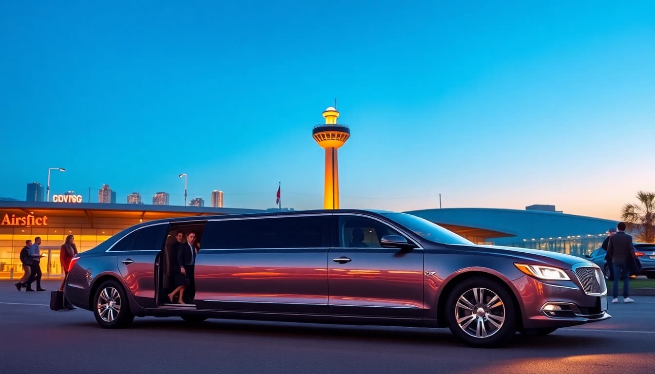 Traveling in a comfortable airport limo near the airport terminal with passengers boarding.