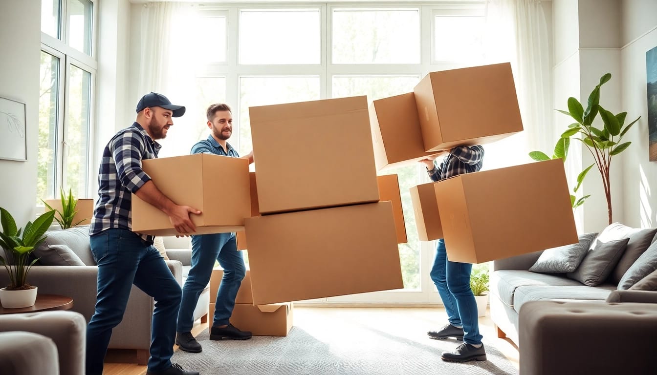 2 jacked guyz efficiently moving heavy boxes in a bright room, showcasing professional teamwork.