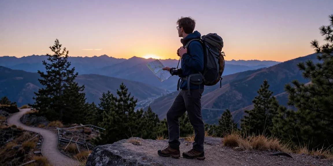 Traveler at mountain viewpoint during sunset, highlighting NAGA2000 outdoor adventure and exploration.
