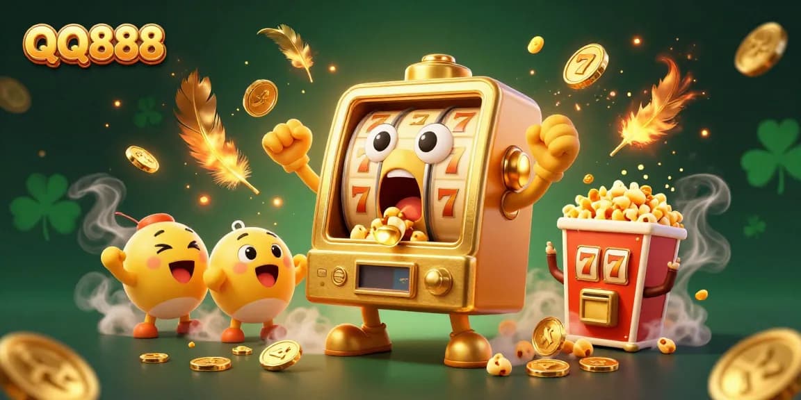 Experience the thrill of QQ888 as the golden slot machine hits a jackpot, showcasing excitement in a dynamic casino scene.