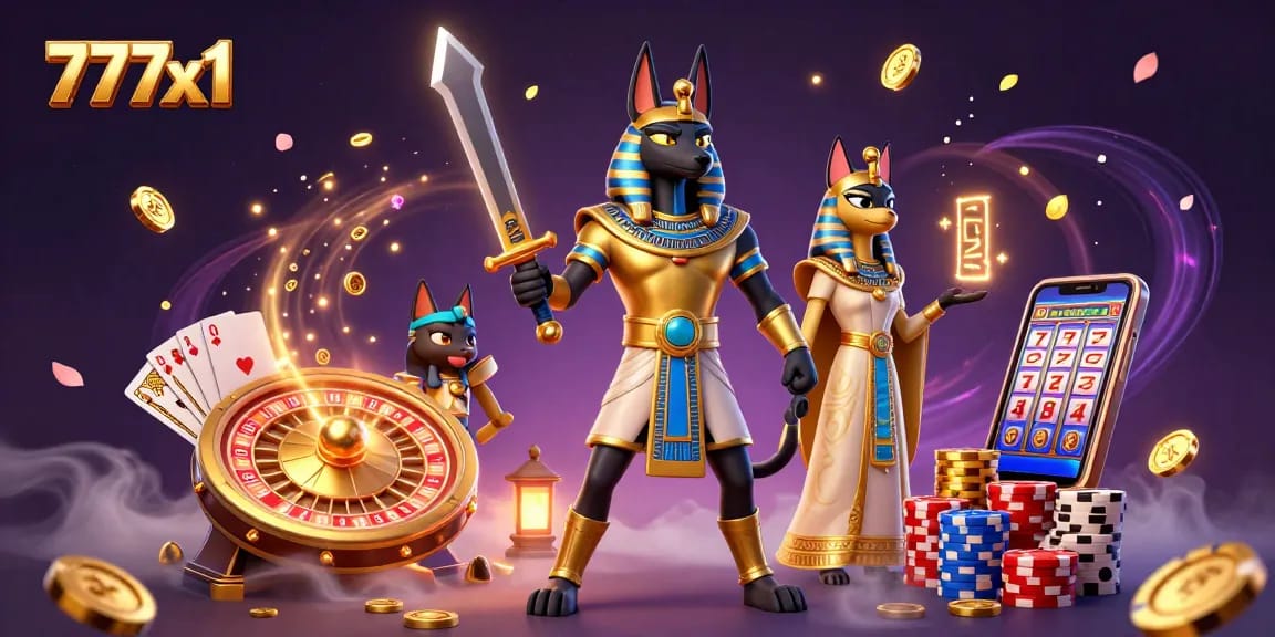Win big with 777x1 as the ancient Egyptian warrior Anubis and sacred cat Bastet surround casino elements.