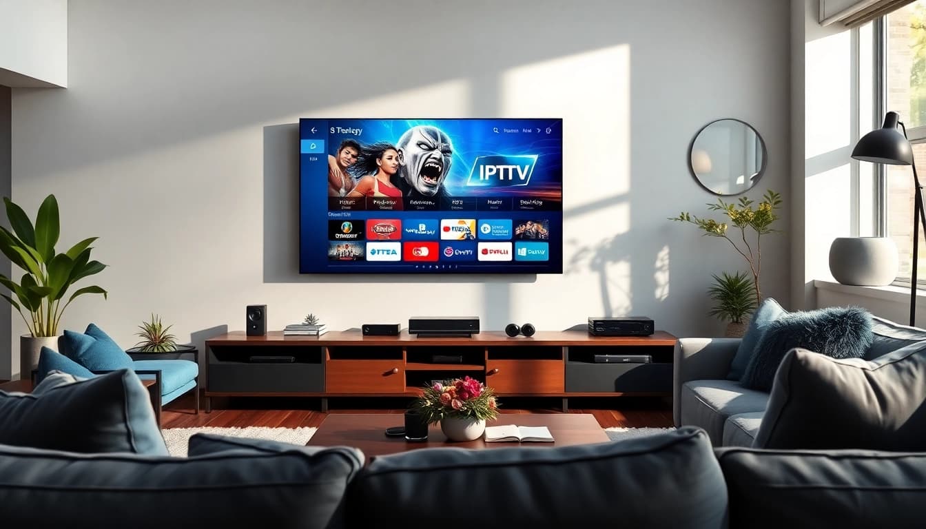 Engaging scene of a modern living room with a large TV offering a free iptv trial for streaming.