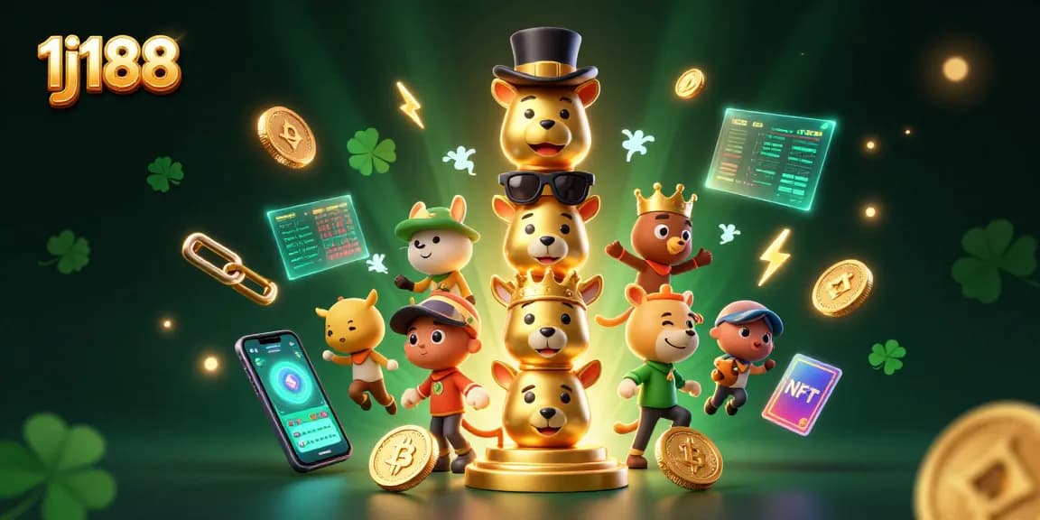 Engage with exciting casino games at 1j188, featuring vibrant 3D illustrations of thrilling gaming action and cryptocurrency elements.