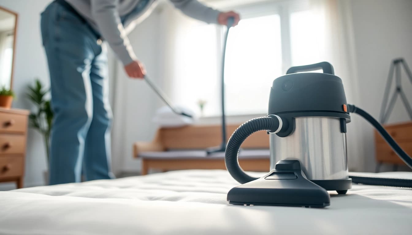 Technician applying effective bed bug treatment in a clean, well-lit bedroom, ensuring safety.