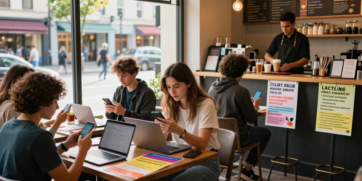People engaging with bedpersonal for local classifieds in a vibrant café setting.