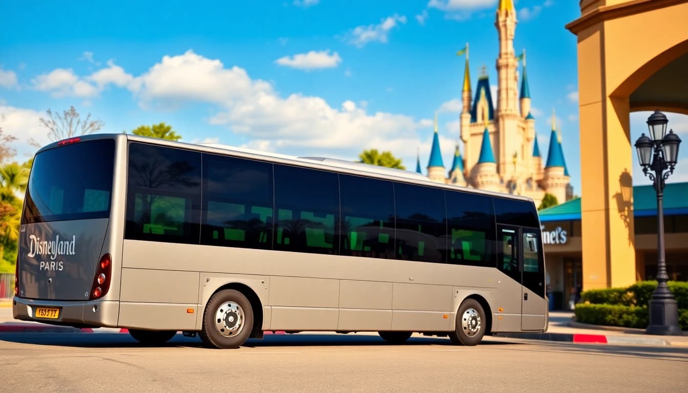 Travelers using shuttle service from disneyland paris to airport in a vibrant scene.