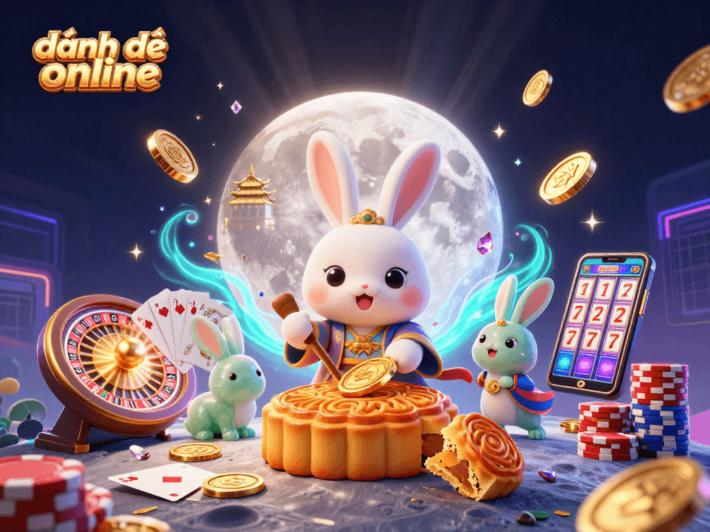 Engage in đánh đề online with a vibrant scene of a moon rabbit and jade companion in a dynamic casino universe.