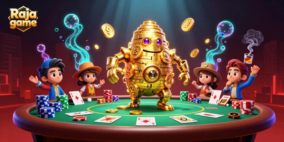 Engage with Raja game in a dynamic casino scene featuring a golden golem and poker elements.