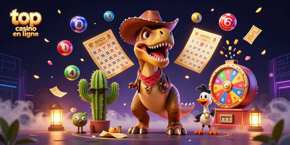 Jouer au top casino en ligne avec le dinosaure cowboy et des éléments de loterie colorés