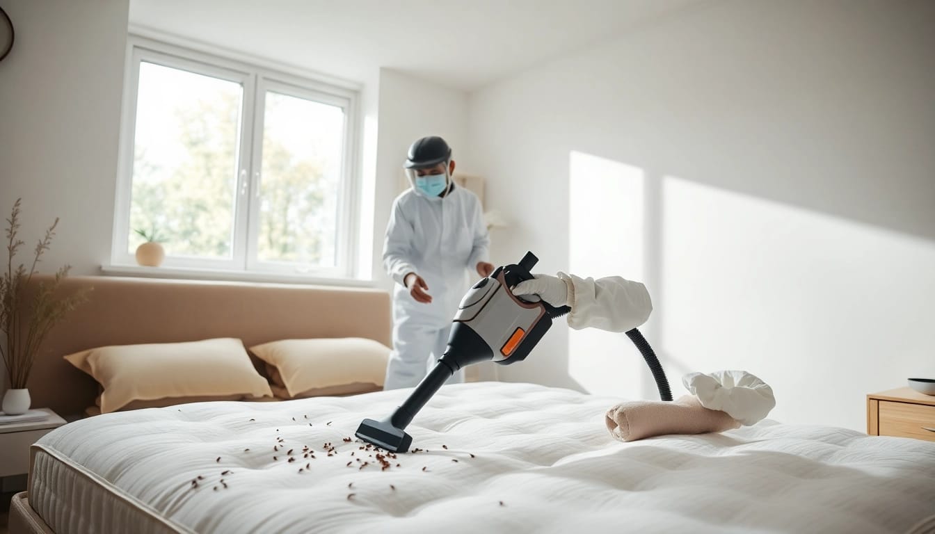 Technician conducting bed bug removal in a clean, modern bedroom environment.