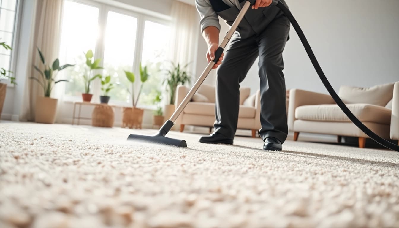 Expert carpet cleaning lincoln ca technician working diligently in a bright living room.